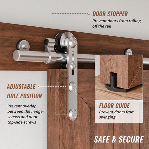 4 Ft Stainless Steel Sliding Barn Door Hardware Kit With Built Tough Smooth Quiet Rollers, Easy Install, Heavy Duty Track For 24 Inch Single Wood Door, Anti Rust Satin Finish, Durable And Reliable, installed on wood door with annotations for door stopper and floor guide.