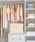 Built Tough Foldable Storage Bin With Slick Flip Top Lid And Locked Down Velcro Closure Durable Oxford Fabric Collapsible Closet Organizer in a closet setting.