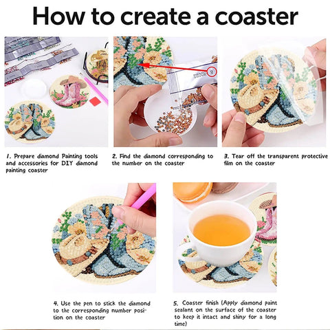 Instructions for using 8 Pcs Cowboy Boots Diamond Art Coaster Kit For Adults Beginners Diy Craft Lovers With Holder Cork Pads Diamond Painting Pen Tray Glue And Extra Diamonds Floral Pattern Coasters For Home And Holiday Decor.