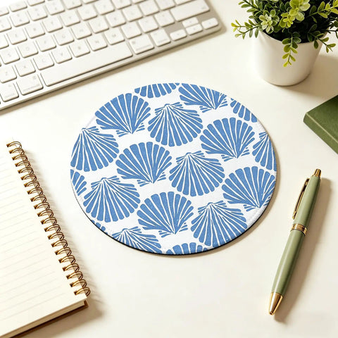Blue Coastal Seashell Round Mouse Pad For Desk With Non Slip Base, Smooth Control, Wipe Clean Surface, 7.9 Inch Diameter Desk Decor