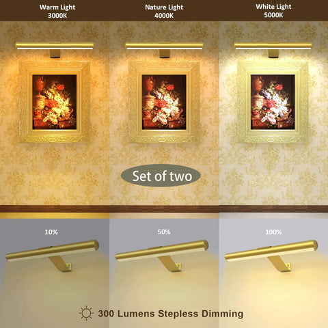 2 Pack Wireless Picture Lights With Remote Gold Rechargeable Battery Led Gallery Lighting For Artwork Display Dimmable 300 Lumen Full Metal Finish 5000mAh Battery Three Lighting Modes Warm Natural Bright