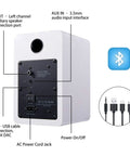 Back view of SW208 3 Inch Active Bluetooth 5.0 Bookshelf Speakers Pair with connections and inputs shown on white finish