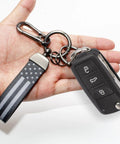 Top Shelf Leather Car Keychain For Men Featuring A Secure Threaded D Ring And Tough Quick Release Loop that shows a car key and strap in hand.