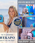 Woman holding Sandproof Beach Blanket With 6 Stakes And 4 Corner Pockets Large 7 By 7 Feet 210 Cm Square Quick Dry Lightweight.
