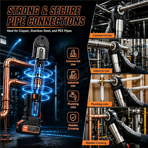 Heavy Duty 18V Electric Pipe Crimper With 60KN Force High Carbon Steel Hydraulic Press Tool for secure pipe connections.