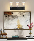 Dope Matte Black Three Light Bathroom Vanity Light With White Linen Glass Shades, Farmhouse Indoor Wall Sconce Fixture above artwork