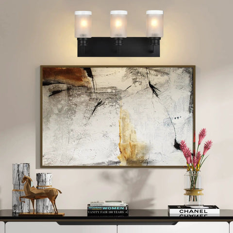 Dope Matte Black Three Light Bathroom Vanity Light With White Linen Glass Shades, Farmhouse Indoor Wall Sconce Fixture above artwork