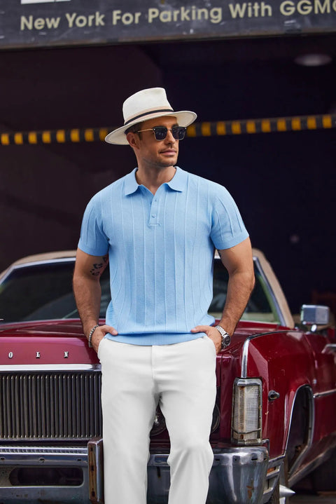 Man in Mens Knit Polo Shirt Short Sleeve Golf Polo With Classic Fit Lightweight Textured Knit Ribbed Hem in light blue, outdoors.
