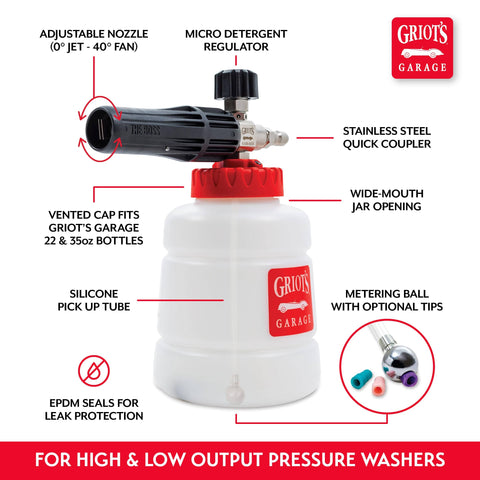 Boss Foam Cannon For Car Washing And Detailing Auto Mix Pressure Washer Foam Gun Delivers Maximum Foam Coverage Quickly With No Pre Mix Ideal For Cars Trucks And RVs showing nozzle, micro regulator, and silicone tube.