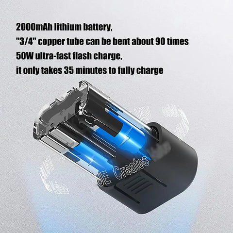 Quick Draw Rechargeable Tube Bender For Soft Copper And Aluminum Pipe 6 To 22Mm One Hand Wireless Electric Bending Tool No Sweat HVAC showing 2000mAh lithium battery inside.