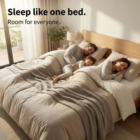 Twin To King Bed Converter Bridge Serving As A Split King Gap Filler With Heavy Duty Straps And Steel Buckles To Lock Two Standard Mattresses Together And Keep Your Sleep Game Strong in use with family sleeping.