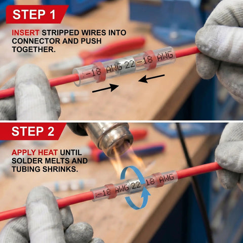 Hands using 150Pcs Solder Seal Wire Connectors Marine Grade Heat Shrink Butt Splice Terminals For Boat Wiring