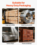 Beefy Heavy Duty Steel Banding Strapping Kit used for securing logs, metal coils, pipes, and bricks in a warehouse setting.