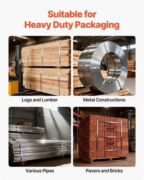 Beefy Heavy Duty Steel Banding Strapping Kit used for securing logs, metal coils, pipes, and bricks in a warehouse setting.