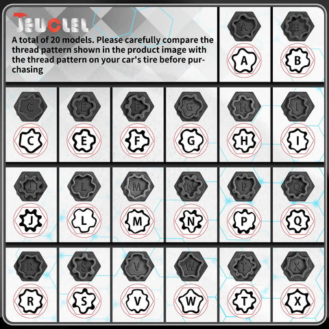 20 socket models for 22 Piece Wheel Locking Nut Key Kit For Audi 2002 2012 with hexagonal shapes and labels A to W