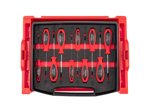 248-Piece Tool Set In A Modular Stacking Tool Cart With Six Drawers showing red-handled screwdrivers in a foam tray.