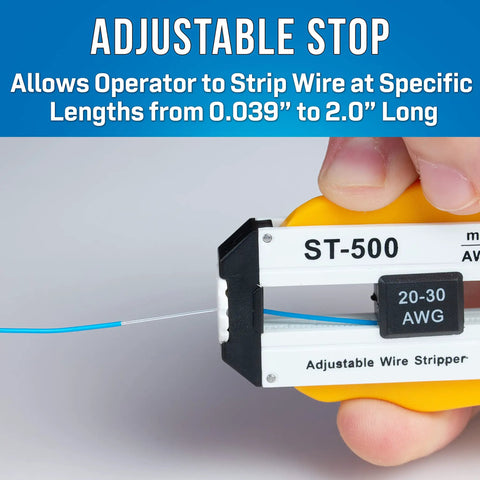 Adjustable Precision Wire Stripper For 20-30 AWG With Length Stop From 0.039 To 2.0 Inches held by hand