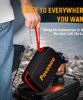 Carrying case of All In One 5000A Jump Starter With Air Compressor And 150 PSI Tire Inflator Portable 12V Jump Box shown on a table.