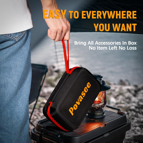 Carrying case of All In One 5000A Jump Starter With Air Compressor And 150 PSI Tire Inflator Portable 12V Jump Box shown on a table.
