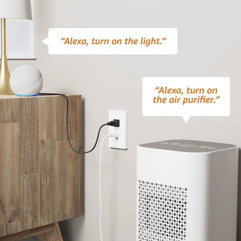 Smart In-Wall Outlet With Alexa Voice Control installed behind furniture with two devices plugged in, no hub needed, WiFi enabled.