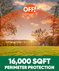 Backyard with sunset and trees under insect protection shield, highlighting 16,000 sq ft coverage with OFF! branding.