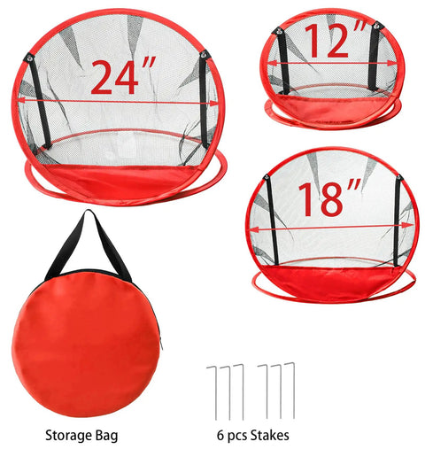 3 In 1 Golf Chipping Net Set With Pop Up Targets 12 Inch 18 Inch And 24 Inch Diameters For Indoor And Outdoor Practice Great Gift For Dads Day Men Husbands Kids Golfers With 6 Ground Stakes shown with storage bag and stakes