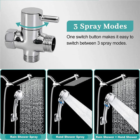 High Pressure 10 Inch Square Rain Shower Head Combo With Handheld Spray And 78 Inch Hose showing 3 spray modes