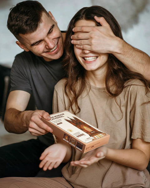 Man gifting woman Gothic Architecture 3D Puzzle Kit For Adults With LED Lights Wooden Model Building Set DIY Craft Kit box
