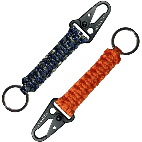 Two heavy duty paracord keychains, blue and orange, with carabiner and enlarged mouth clip, for camping hiking bicycling