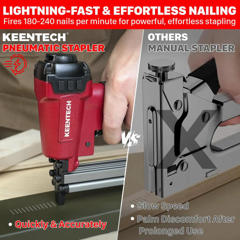 Rock Solid Pneumatic Staple Gun For Carpentry And Diy Projects Smooth Shooting 22 Gauge Air Powered Crown Nailer demonstrating quick nailing.