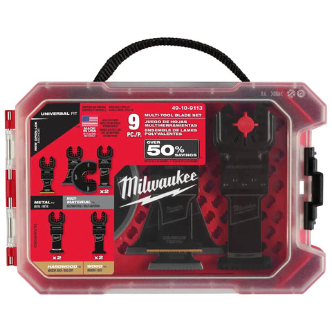 9Pc Oscillating Multi Tool Blade Kit With Slick Quick Swap Feature displayed in a durable storage case, includes various metal cutting blades.