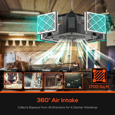 360 Degree Filtration System For Woodworking With Vortex Fan And 1050 To 1350 CFM Dual Speed Hanging Dust Collector in woodshop