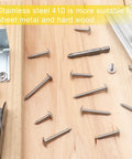 Rock Solid Two Fifty Pack Number Eight By One Half Inch Forty One Stainless Steel Self Tapping Wood Screws With Phillips Bit on wood surface.