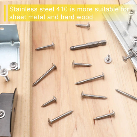 Rock Solid Two Fifty Pack Number Eight By One Half Inch Forty One Stainless Steel Self Tapping Wood Screws With Phillips Bit on wood surface.