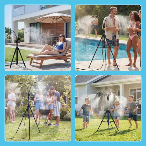 Standing Misting System for Outdoors with 26ft Hose and 4.8ft Adjustable Height Tripod Base cooling patio and backyard areas.