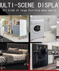 Multi-scene display of heavy duty five wheel furniture mover dolly under cabinets, washer, bed, and refrigerator for easy moving.