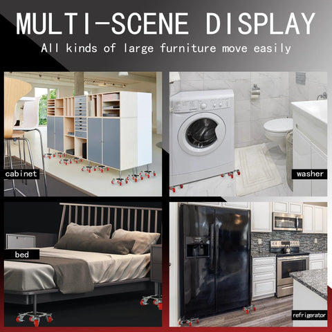 Multi-scene display of heavy duty five wheel furniture mover dolly under cabinets, washer, bed, and refrigerator for easy moving.