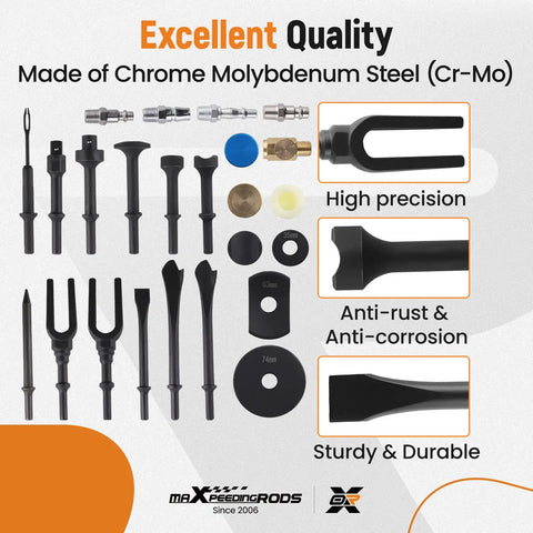 Heavy Duty Air Hammer Chisel Kit with 19 Piece Pneumatic Hammer Set made of Cr-Mo steel showing various attachments