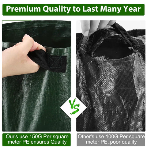 Close-up comparison of two green 4 Pack 10 Gallon Grow Bags With Flap And Handles For Vegetables And Fruits Durable PE Planter Pots.