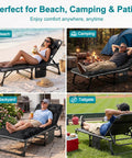 Heavy Duty Outdoor Tanning Chair With 5 Position Folding Chaise Lounge in use at beach, camping, backyard, and tailgate settings.