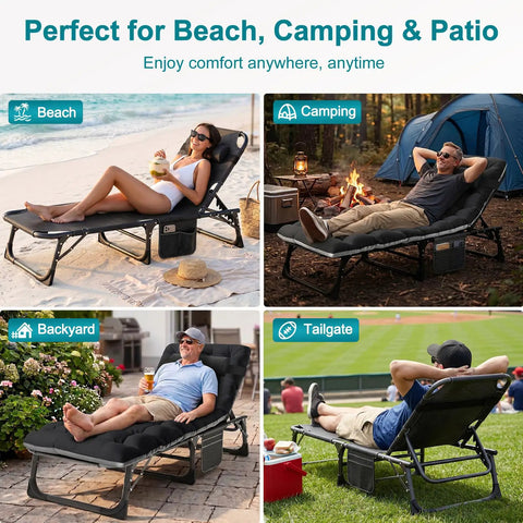 Heavy Duty Outdoor Tanning Chair With 5 Position Folding Chaise Lounge in use at beach, camping, backyard, and tailgate settings.