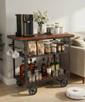 Smooth Rolling Three Tier Vintage Bar Cart On Wheels With Heavy Duty Metal And Wood Frame For Kitchen Home Office Or Weekend Hangout Setup Built Rock Solid With Dual Side Handles, displaying liquor and coffee setup.
