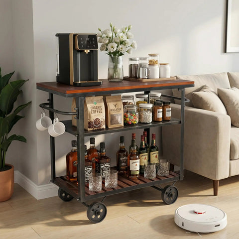 Smooth Rolling Three Tier Vintage Bar Cart On Wheels With Heavy Duty Metal And Wood Frame For Kitchen Home Office Or Weekend Hangout Setup Built Rock Solid With Dual Side Handles, displaying liquor and coffee setup.