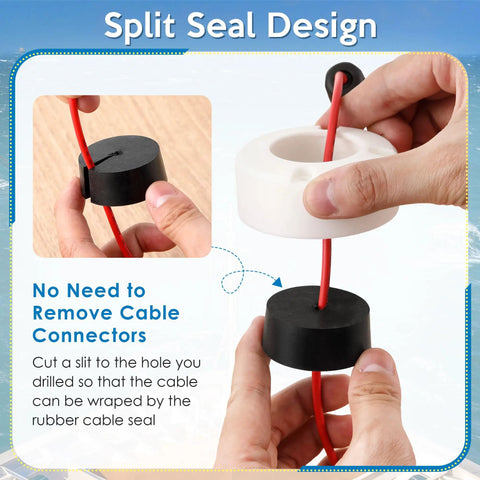 Round Waterproof Cable Gland Pass Through For Marine Auto And Home, Split Seal Design, Easy Install, White Includes Gasket Deck Ring Compression Ring Nuts And Screws being installed with a cable.