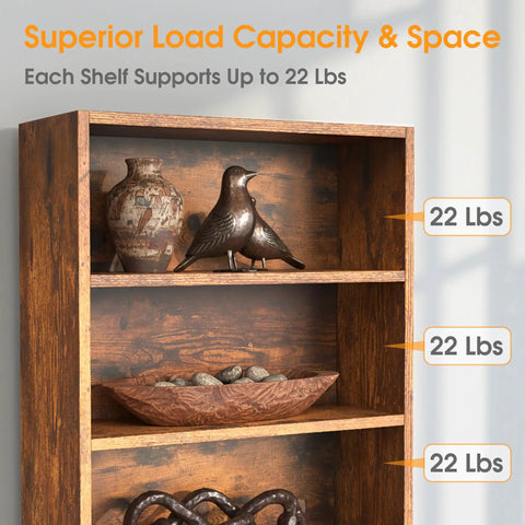 6 Tier Bookcase With Open Shelves 63 Inch Tall Rustic Brown showing load capacity of 22 lbs per shelf with decorative items