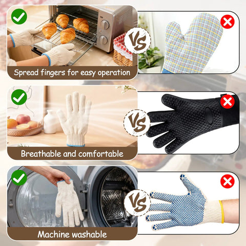 Comparison of 932F Heat Resistant Oven And Grill Gloves For BBQ with other gloves, highlighting spread fingers, comfort, and machine washability.
