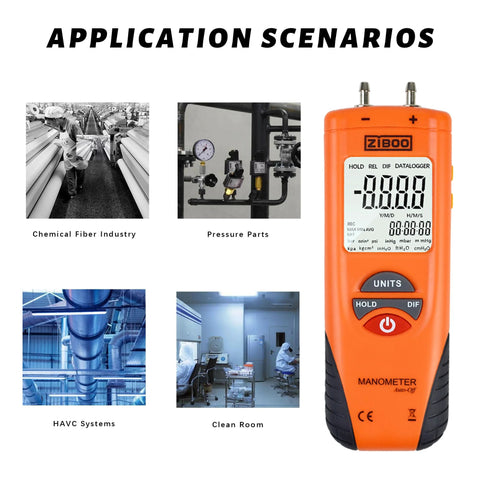 Digital Manometer For Air And Gas Pressure Testing With Dual Port Differential Gauge, 11 Units, large LCD, various applications