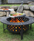 36 Inch Fire Pit With 2 Grills Lid And Round Waterproof Cover 3 In 1 Outdoor Fire Pit Table for patio with grilling setup in use