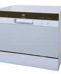 Compact Countertop Dishwasher With Bright Led Controls Delay Start Energy Star Rated Six Place Settings Smooth Operator Automatic Detergent Dispenser No Sweat Setup Universal Faucet Adapter Sleek Silver Finish front view showcasing control panel and sleek design.