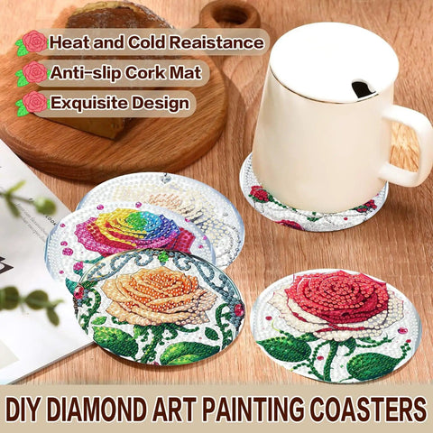 Diamond Art Coasters Kit For Adults Eight Piece Rose Diamond Painting Coaster Set with holder, shown with rose designs.